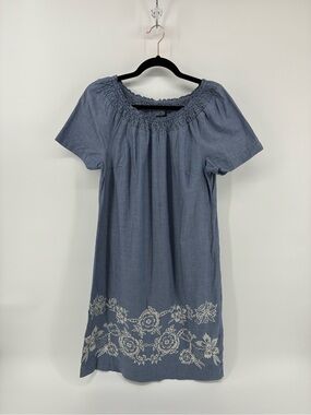 Talbots Blue Short-Sleeve Floral Embroidered Chambray Midi Dress